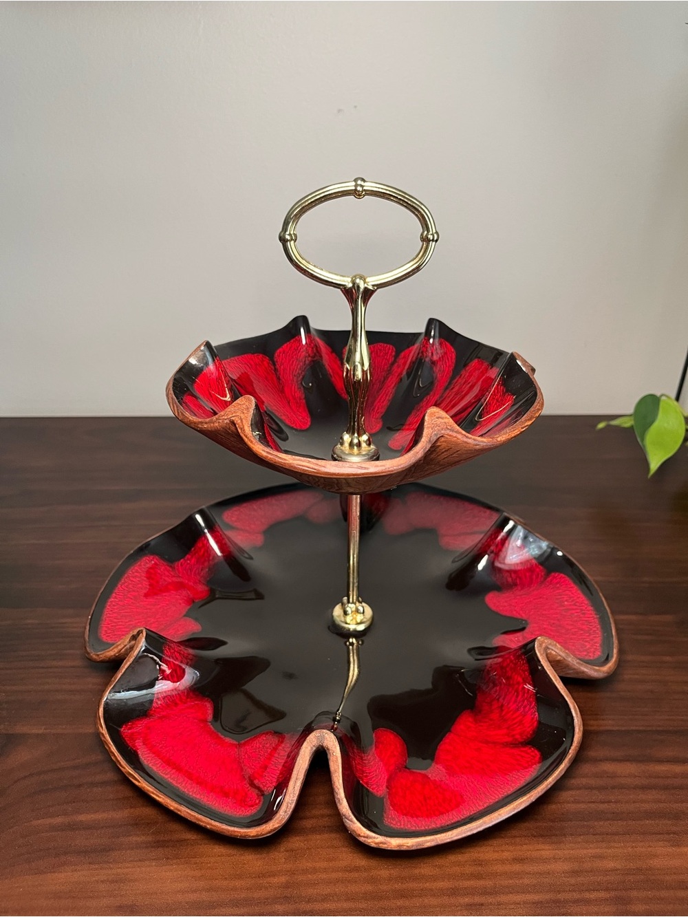Sequoia Ware 2-Tier Serving Dish w/Handle MCM USA Vintage Red and Black 1960’s
